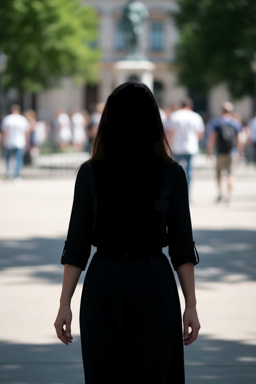 Eine Frau mit dunkel geschwärztem Gesicht und Oberkörper steht auf einem belebten Platz, während andere Personen im Hintergrund unscharf zu sehen sind.